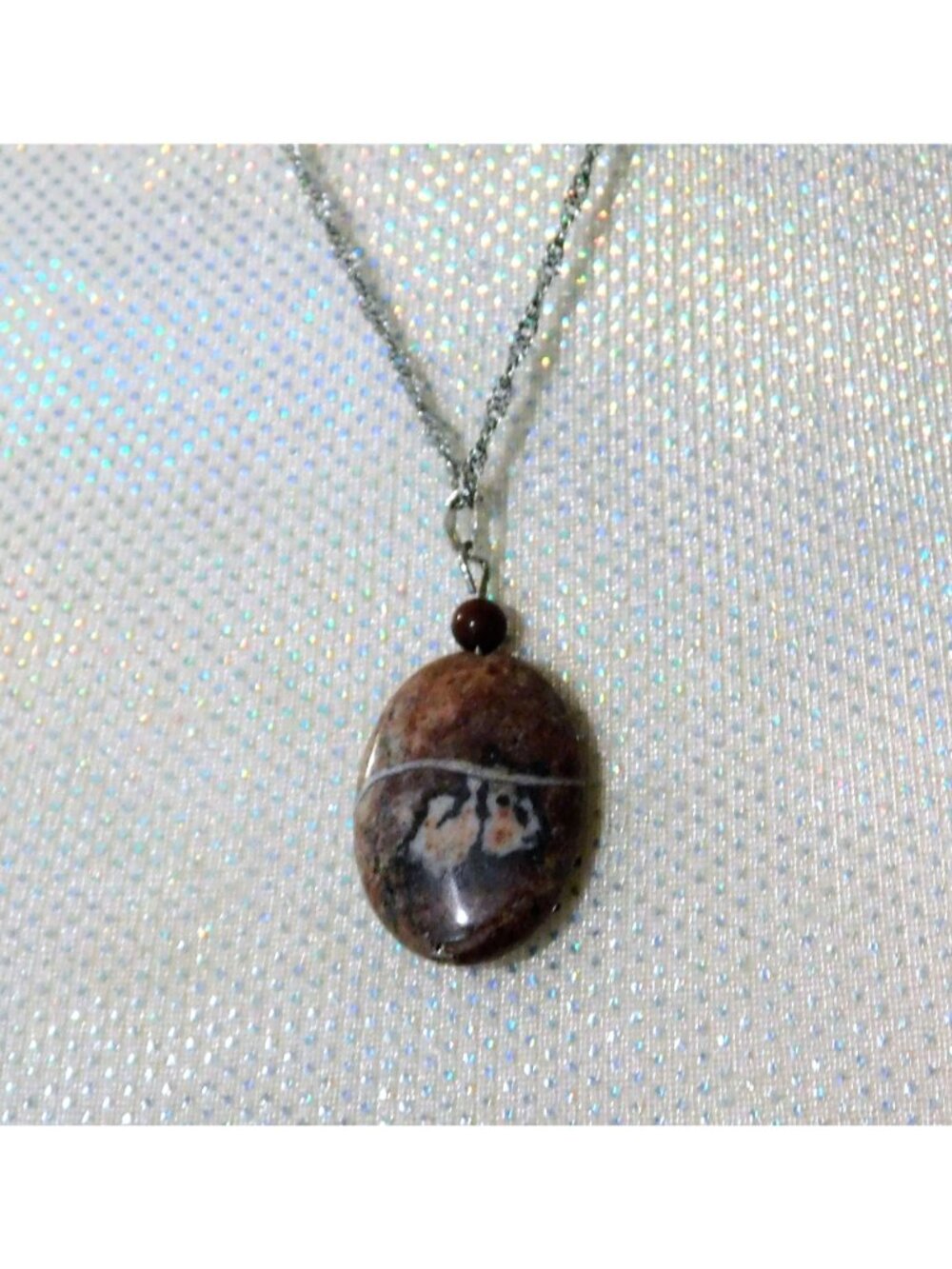 Brown Stone Necklace and Fishhook Pierced Earrings 20" Twist Silver Tone Chain - Picture 3 of 10